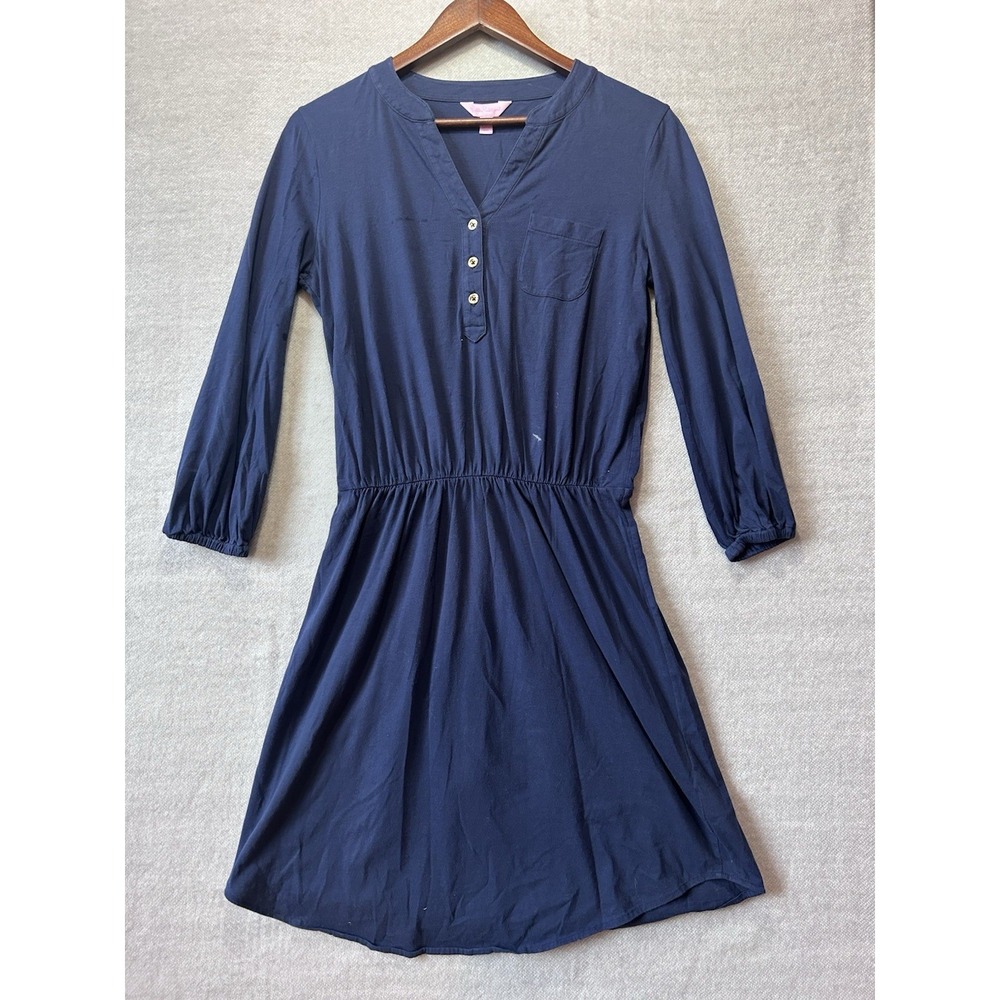 Lilly Pulitzer Beckett Shirt Dress Navy Small V-neckline blouson waist defect